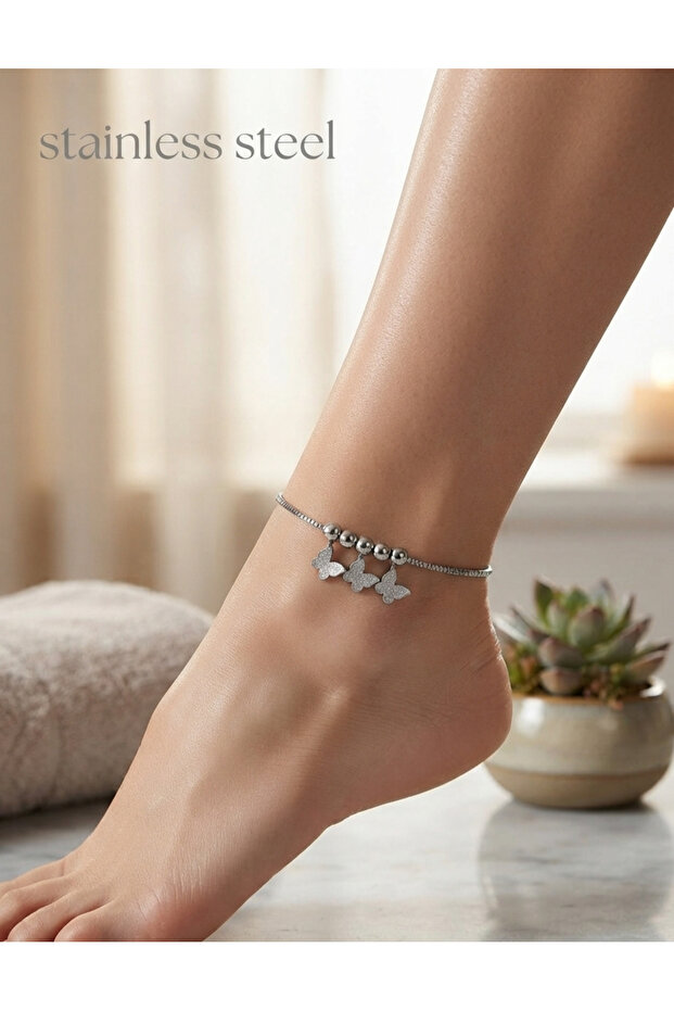316L Steel Silver Color Butterfly Design Anklet