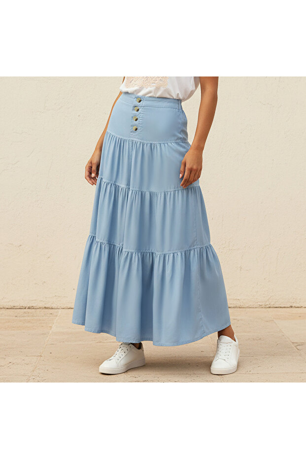 Maxi Length Cotton Tiered Skirt with Button Detail