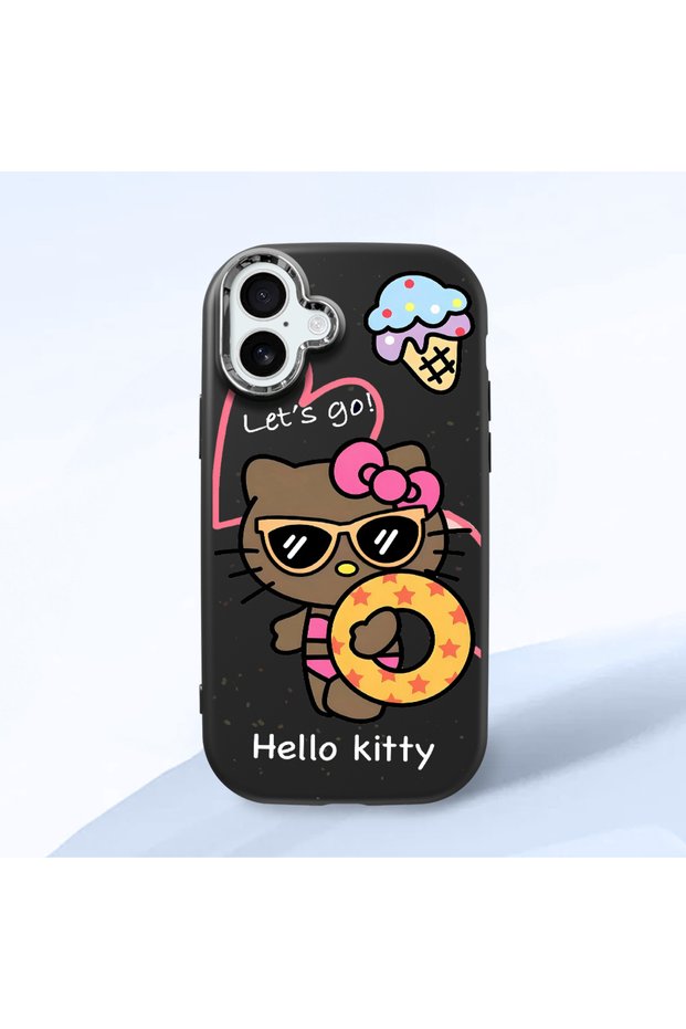 iPhone 16 Plus Compatible Case with Camera Protector Black Silicone Couple Phone Case with Kitty Pattern