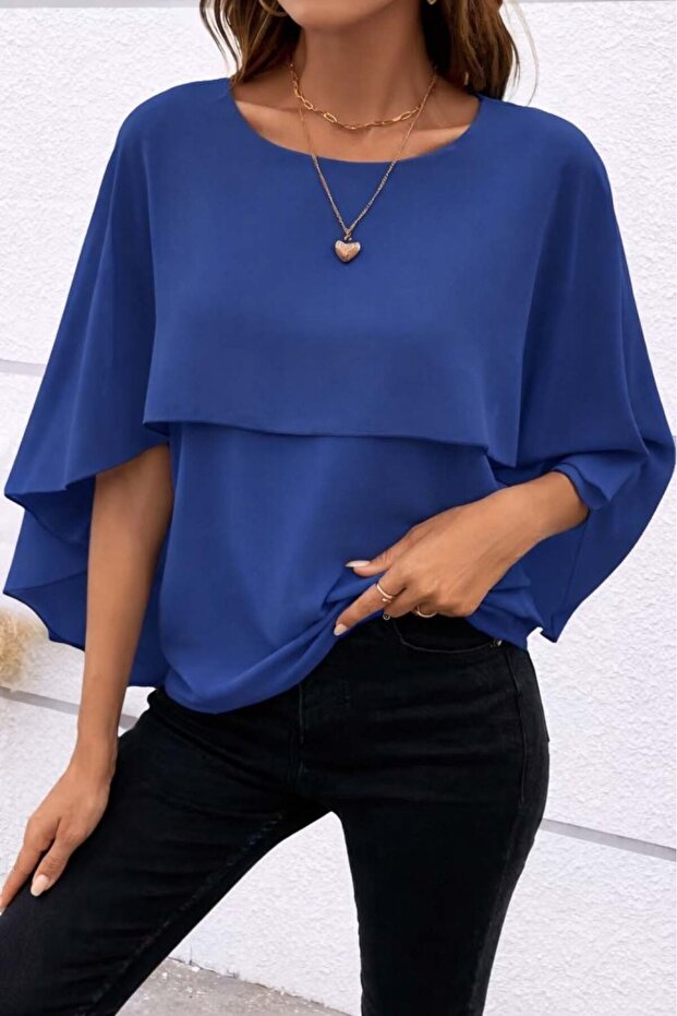 Women's Short Sleeve Round Neck Wide Cut Bat Sleeve Sandy Blouse