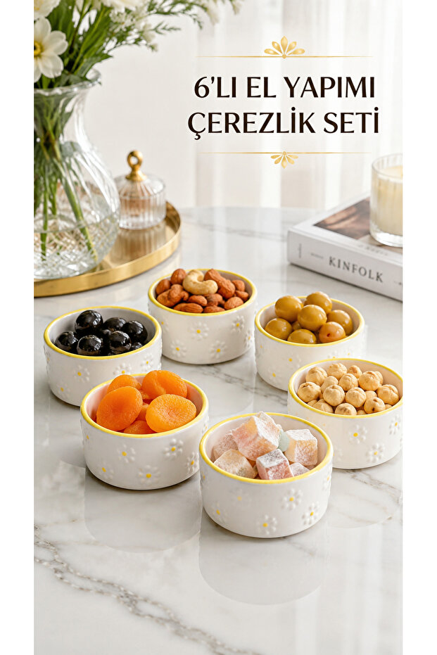 Daisy Series Handmade Ceramic Soufflé Bowl Set of 6 - Ice Cream Snack Bowl - Daisy Patterned with Yellow Edges - Oven & Microwave Compatible