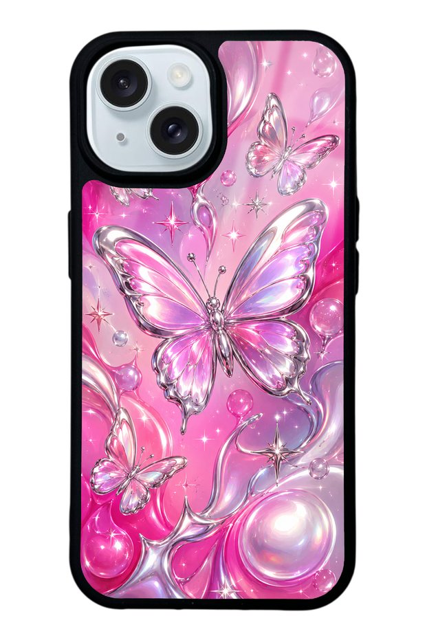 iPhone 15 Pink Prism Butterfly Design Glossy Phone Case