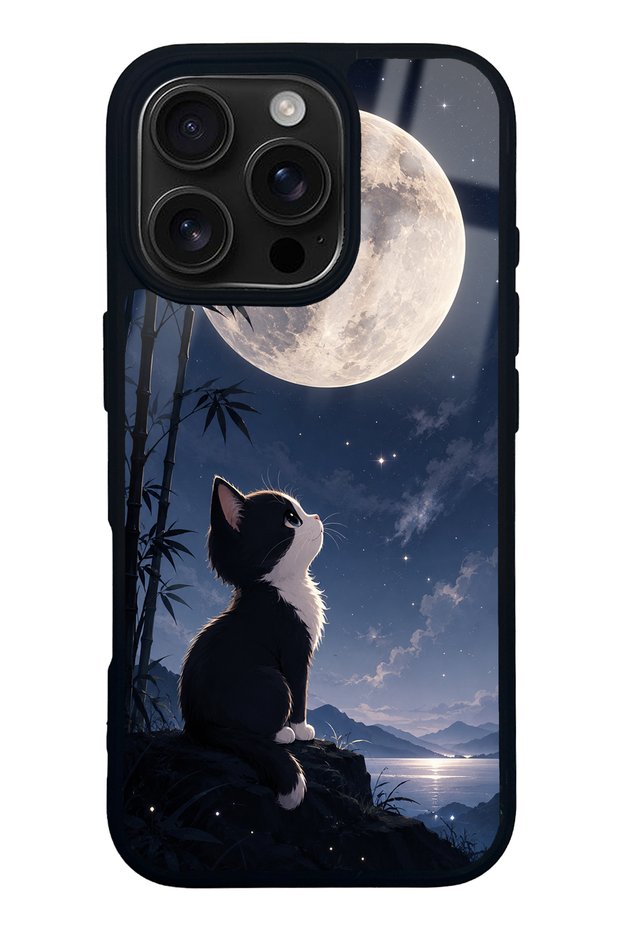 iPhone 16 Pro Moon Guardian Kitty Design Glossy Phone Case