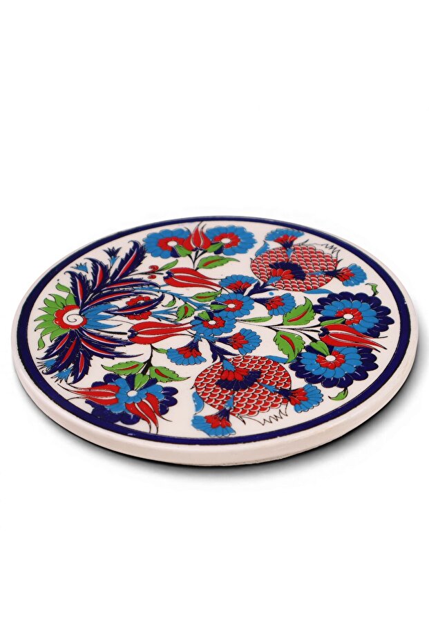Flower & Iznik Tile Patterned Ceramic Trivet Heat Resistant Pot Pan and Teapot Base Non-Slip Cork Base 17 cm