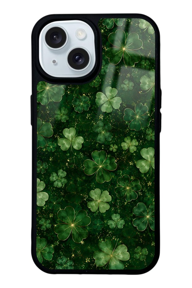 iPhone 15 Emerald Lucky Clover Design Glossy Phone Case