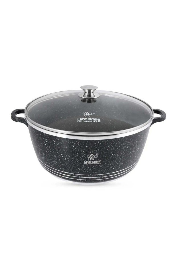 Life Smile 40 cm Oven-Safe Granite Coating Cooking Pot with Glass Lid-Black