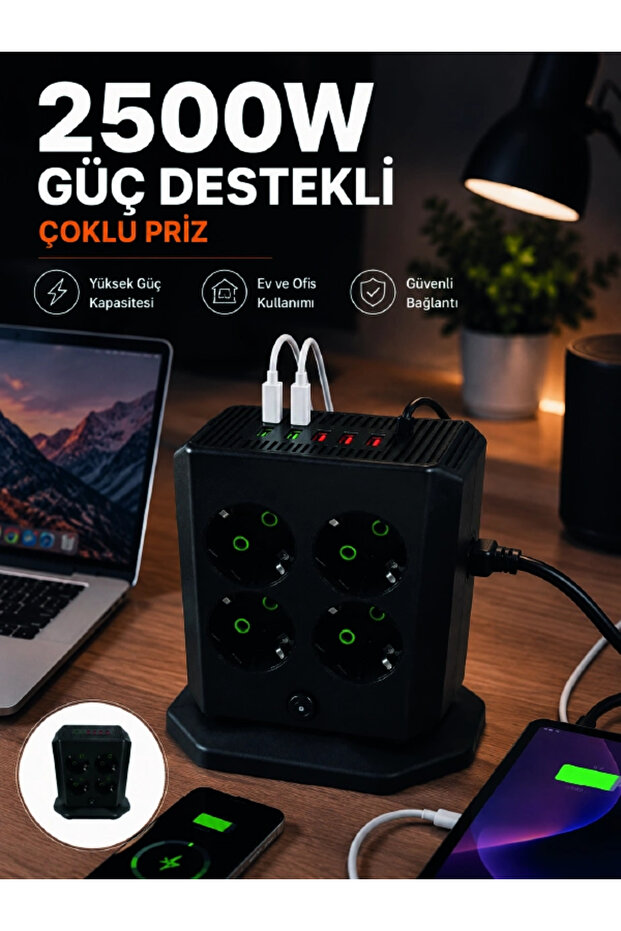 مقبس متعدد المنافذ 8 منافذ، 4 منافذ USB، 2 منافذ، برج مقبس كهربائي عمودي - 1