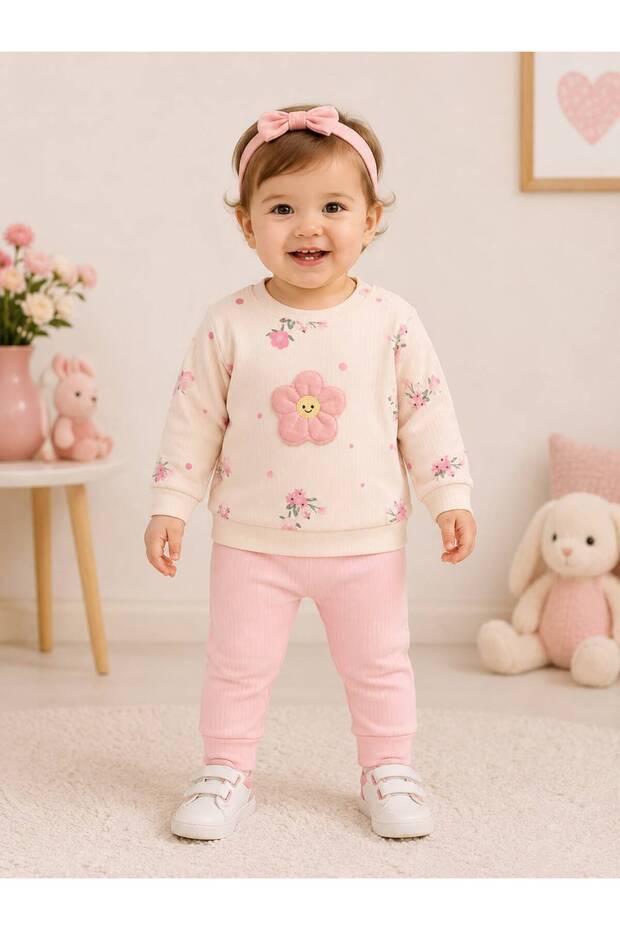 Floral Embroidered 100% Cotton Girls' Crew Neck Top and Bottom Baby Kids Set