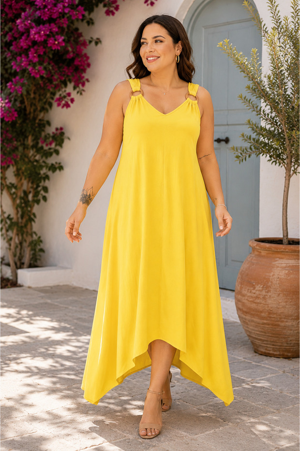 Women's Ring Strap V-Neck Asymmetrical Cut Plus Size Maxi Dress – Comfortable Fit Summer Dress