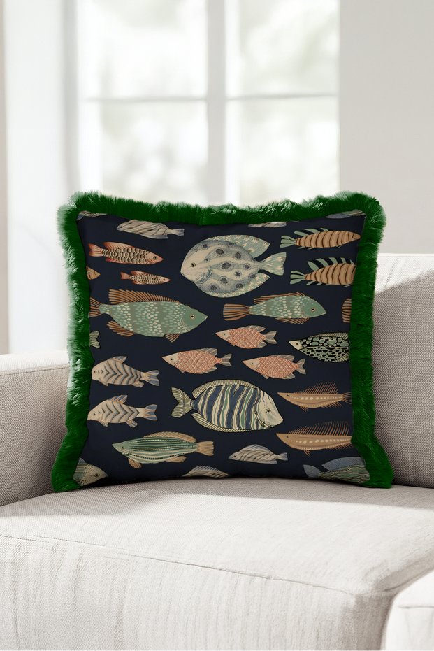 Sea Exotic Fish Fringe Pillowcase-Ocean Bohemian Navy Blue Green Cream Tassel Throw Pillow Cover