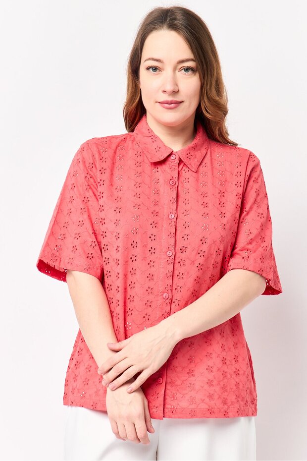 Jeans Women Spread Collar Eyelet Short Sleeve Shirt, Red