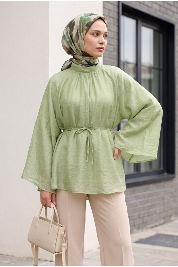 Hakim Collar Belted Lined Spanish Sleeve Oversize Lyocell Tunic - Green