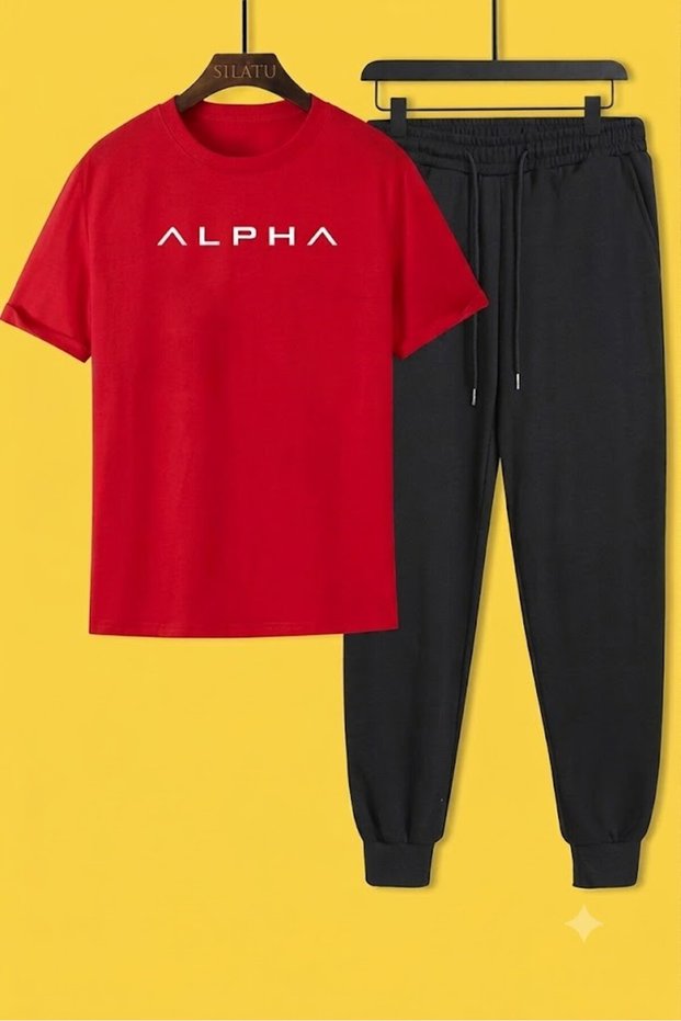 Unisex Alpha Printed Black Tracksuit T-Shirt Set