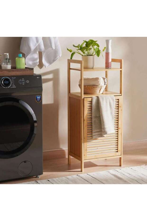 Zora 2 Tier Bamboo Shelf with Laundry Hamper 40x30x95cm-Natural