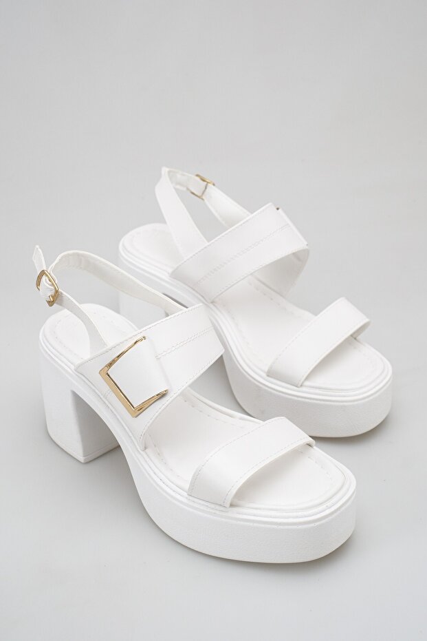 Women's White Thick-Heeled Sandals with Open Back, Casual Shoes
