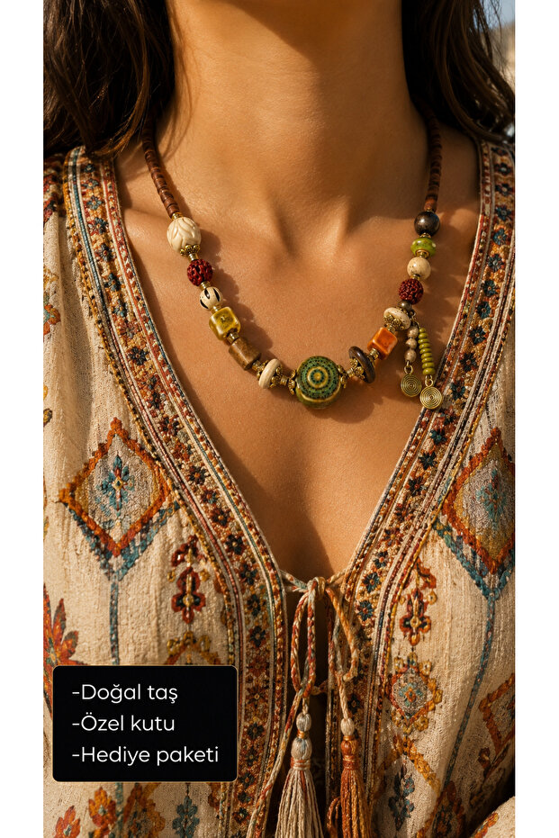 Natural Stone Ethnic Inspiration Design Necklace – Bohemian Handmade Look Gift Necklace