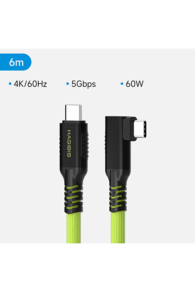 كابل توصيل كاميرا USB-C من هاجيبيس بطول 6 متر، كابل USB-C بزاوية قائمة، لنقل البيانات السريع والشحن