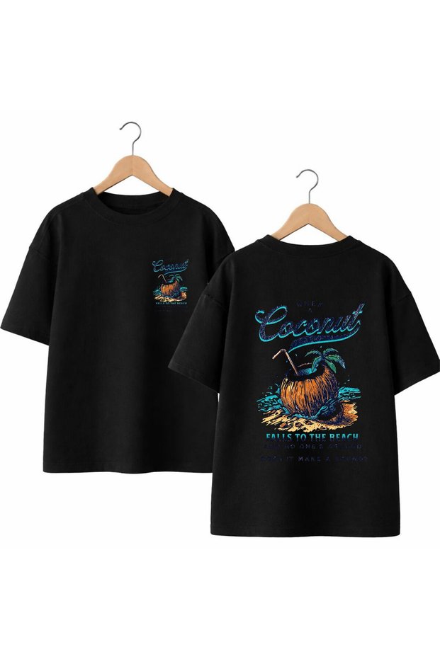 Coconut Printed Back and Front Chest 100% Cotton Oversize Loose Regular Fit Crew Neck T-Shirt