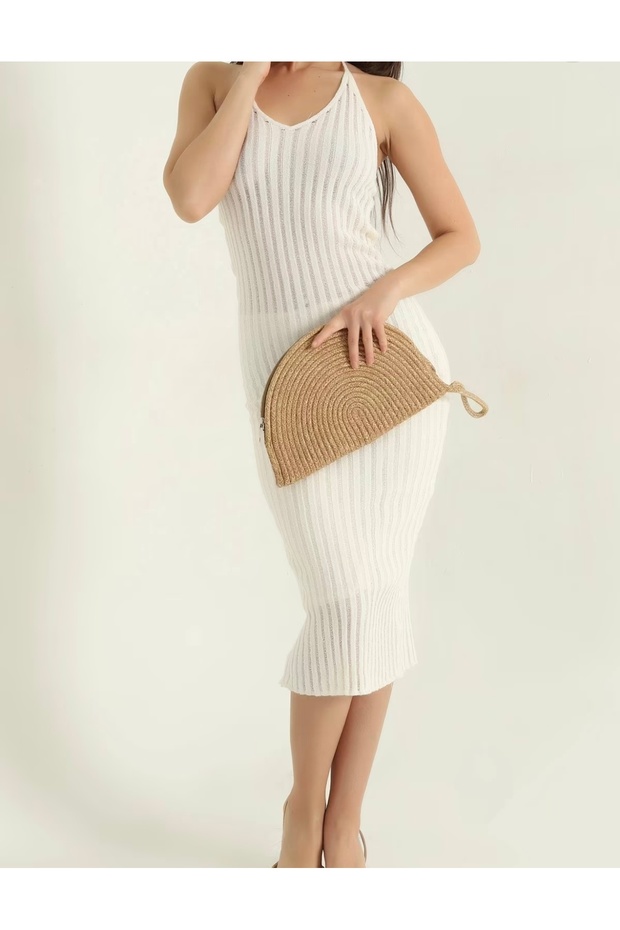 Cream Neck Tie-Up Openwork Knitwear Women's Dress
