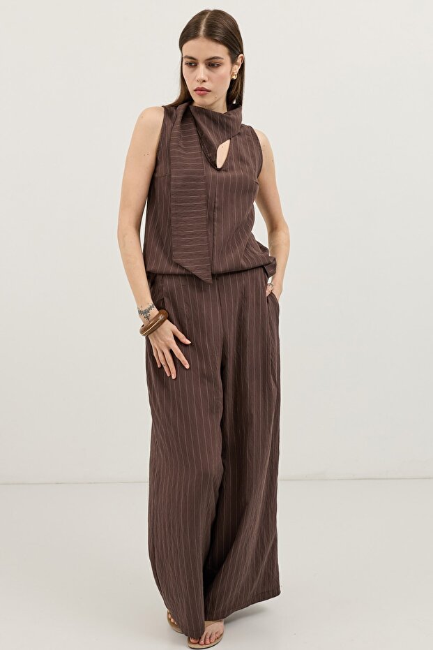 Brown Shawl Collar Striped Women's Set