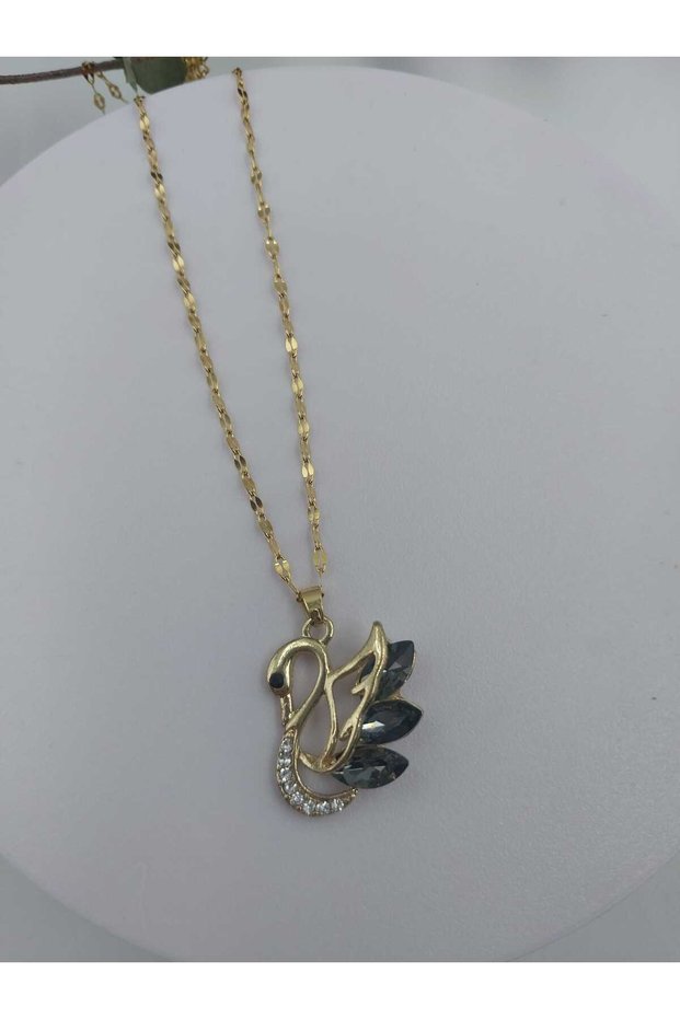 Gold Color Steel Swan Detailed Stone Necklace