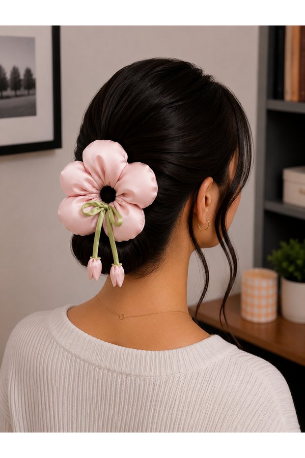 Women's Floral Detailed Satin Elastic Hair Clip – Decorative Scrunchie Hair Clip