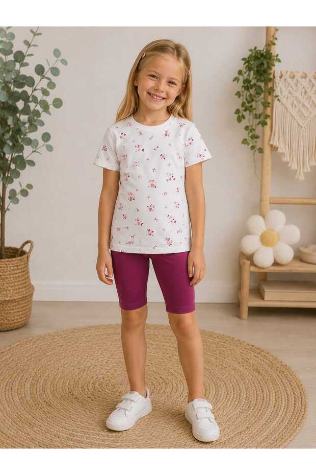 Girls' Floral Patterned Cotton Crew Neck T-Shirt and Half Tights Summer Two-Piece Set