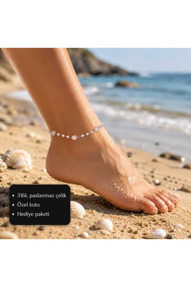 Natural Pink Stone Detailed 316L Stainless Steel Women's Anklet – Elegant Pearl Beaded Adjustable Summer Style