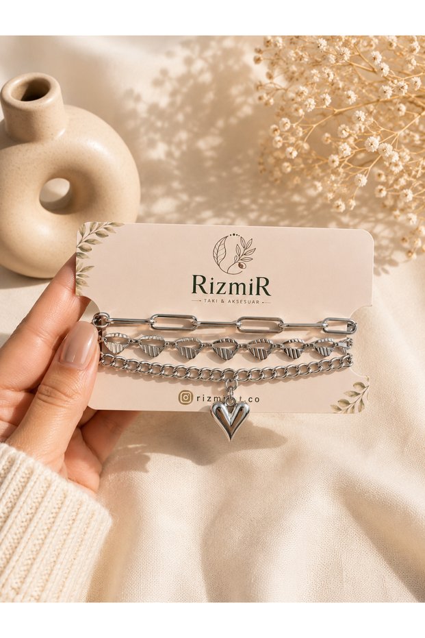 Heart Figured Silver Color Stainless Steel 3-Piece Chain Bracelet Set