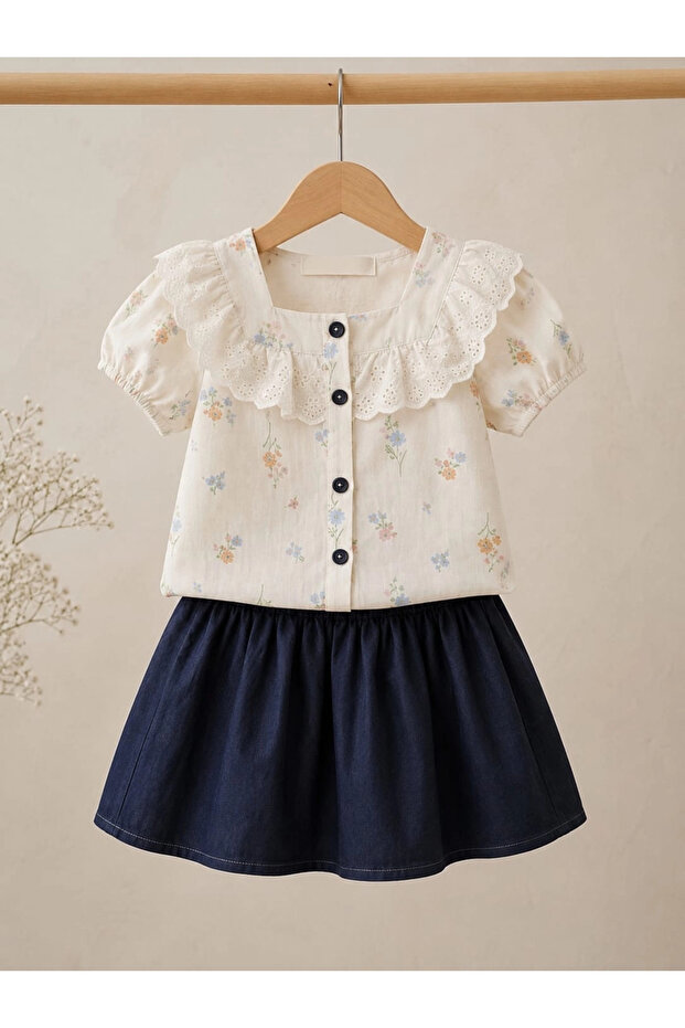 Scalloped Collar Floral Skirt Set