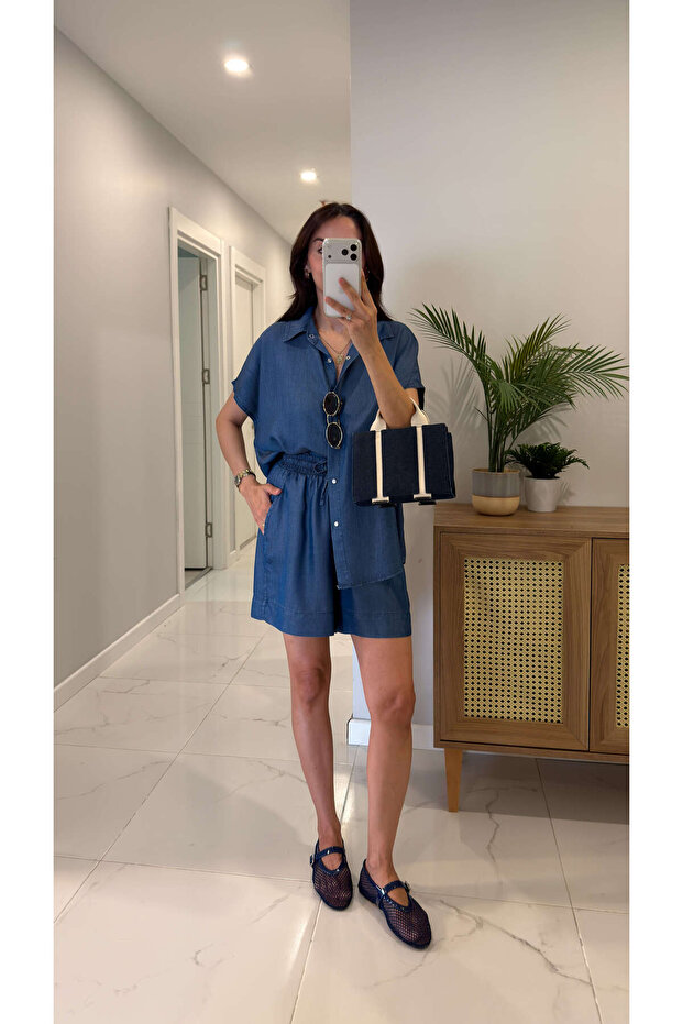 Kosle Navy Blue Tencel Shirt Shorts Set