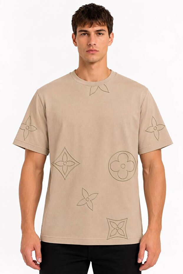 100% Cotton Regular Fit Crew Neck Short Sleeve Embossed Printed Men's T-Shirt