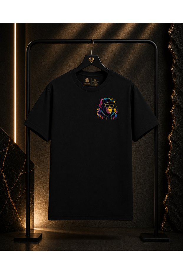 Unisex Urban Monkey Left Chest Printed 100% Cotton Oversize Crew Neck Short Sleeve T-Shirt Black