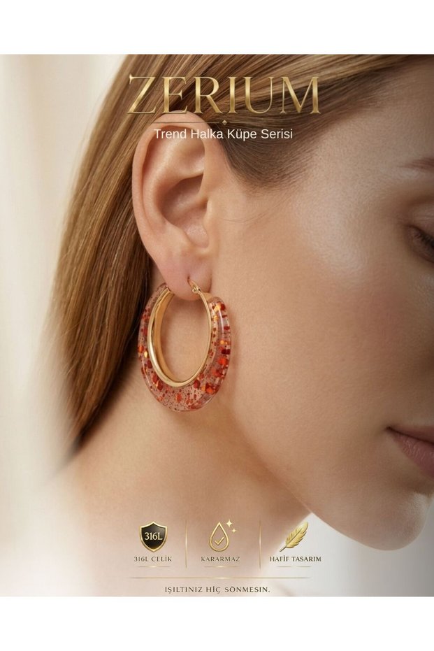 Trend Women's Steel Hoop Earrings with Glitter Inside, Red Transparent Acrylic Earrings