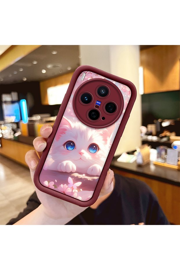 Vivo X300 Compatible Case Camera Protector Claret Red Silicone Couple Phone Case Cat Pattern