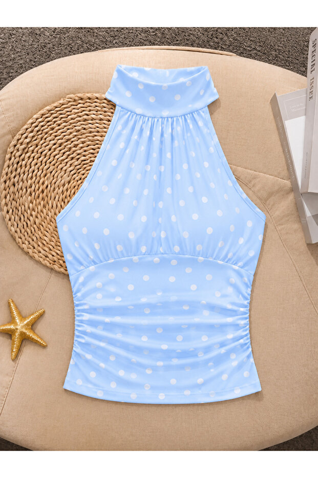 Baby Blue Polka Dot Halter Neck Gathered Draped Stylish Cropped Blouse