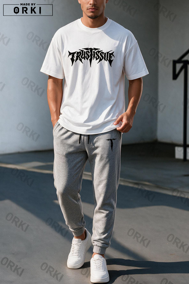 Trust Issue Printed Oversize T-Shirt & Gray Pants Tracksuit Set