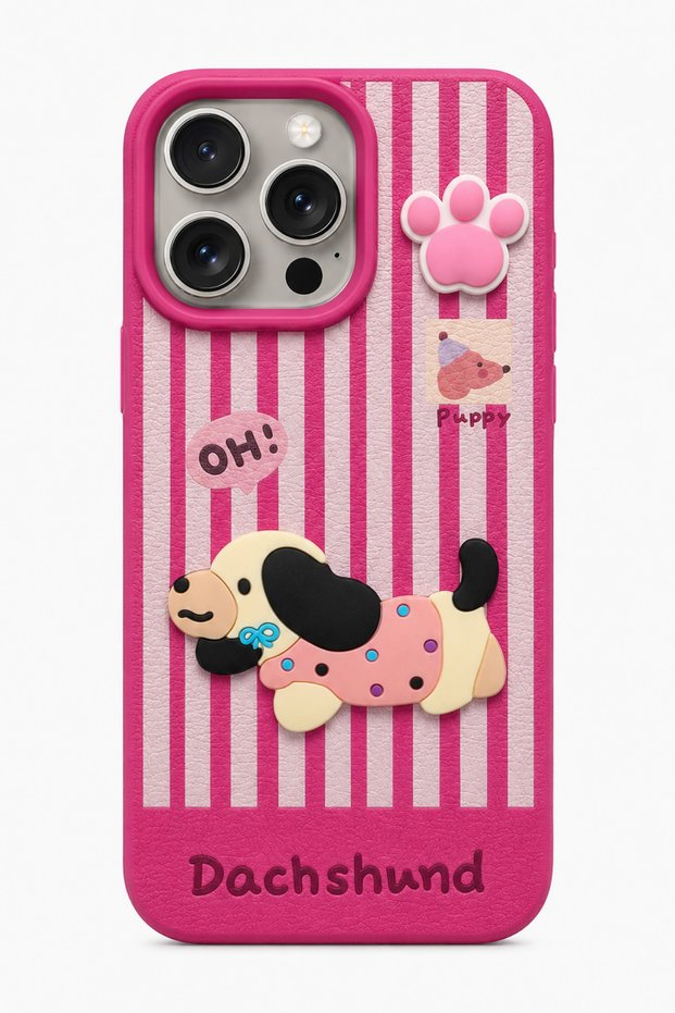 iPhone 14 Pro Max Compatible 3D Dachshund Dog Figured Striped Silicone Phone Case