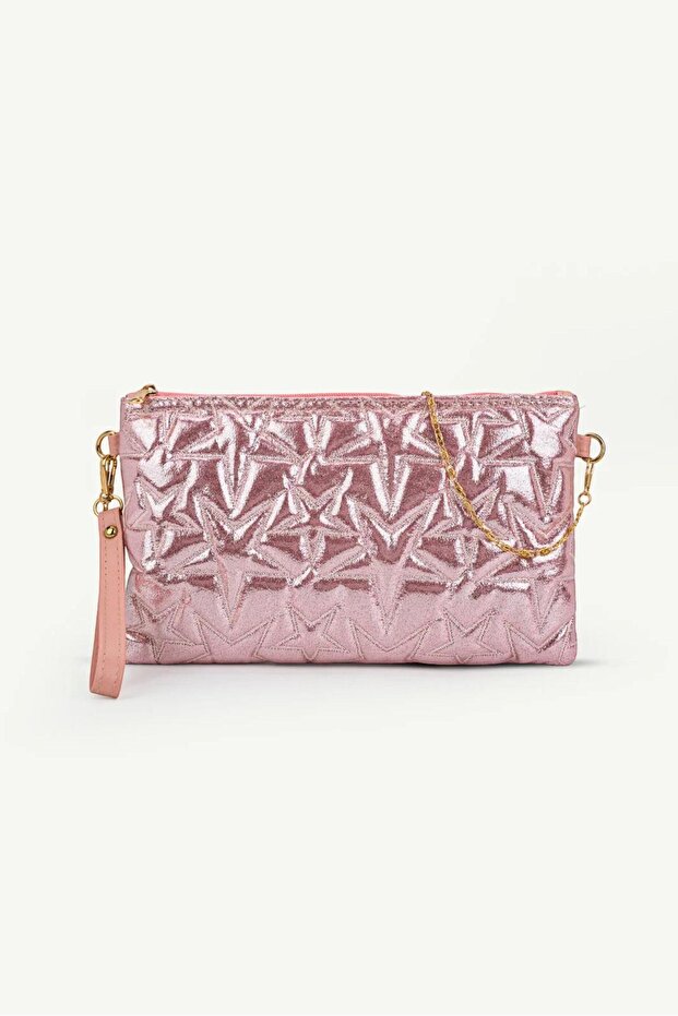 Silvery Pink Star Embossed Gold Zippered Chain Strap Women's Hand, Shoulder and Wrist Bag