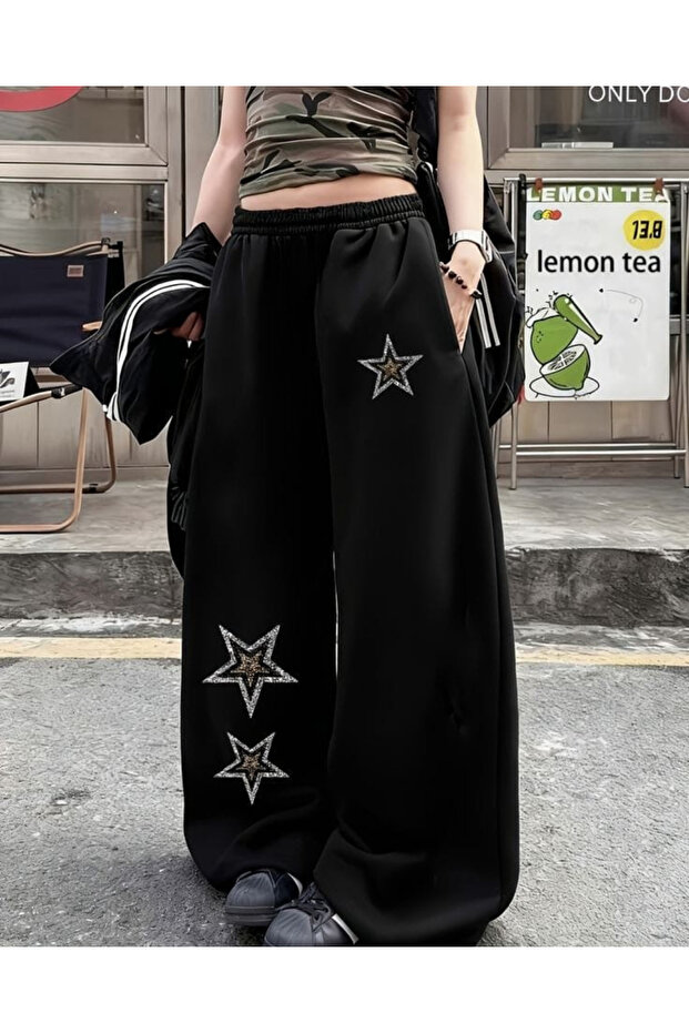 Star Detail Printed Oversize Baggy Sweatpants