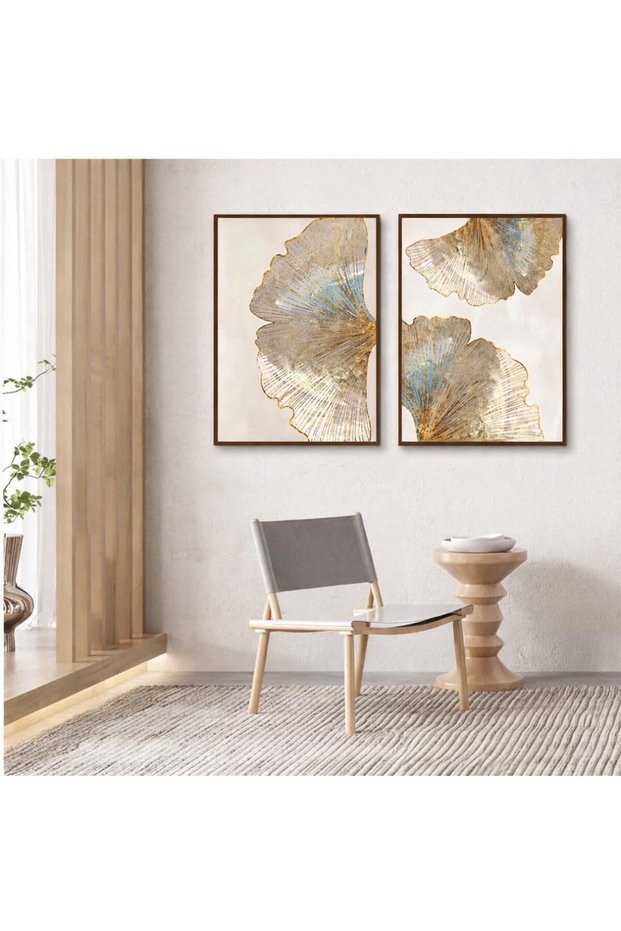 Alayra Gold Leaf Flower Canvas Art Set of 2, Brown Frame, 60 x 80 cm