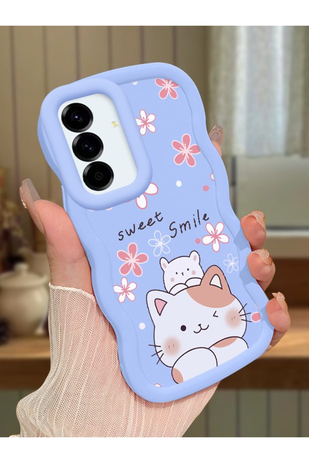Samsung Galaxy A56 Compatible Case Camera Protector Blue Silicone Couple Phone Case Cat Pattern