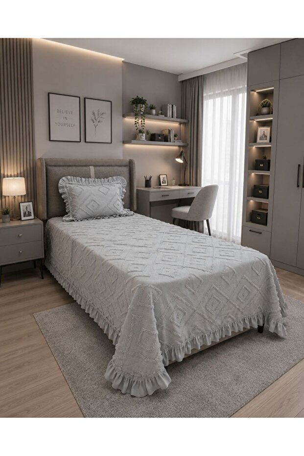 Efsun Single Nordic Ruffled Bedspread Tkebt Gray