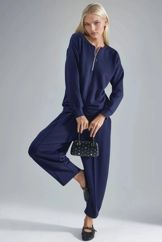 Soft Touch Modal Textured Zipper Collar Double Set