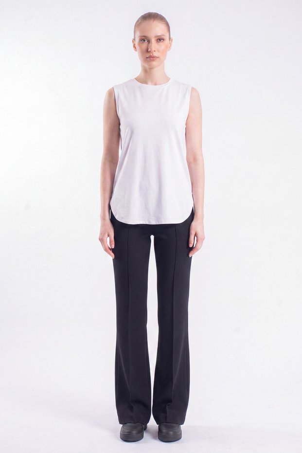 Zero Sleeve Cotton Slit Long T-Shirt & High Waist Stretch Fabric Spanish Flare Pants Dual Set