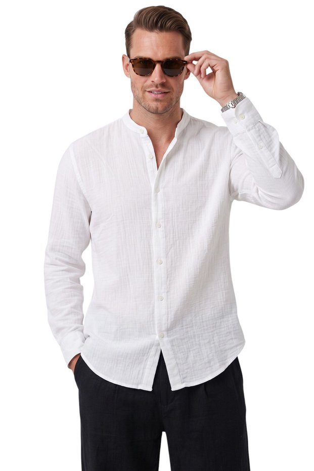 White 97% Cotton Muslin Fabric Breathable Summer High Collar Relaxed Fit Men's Shirt 2602620
