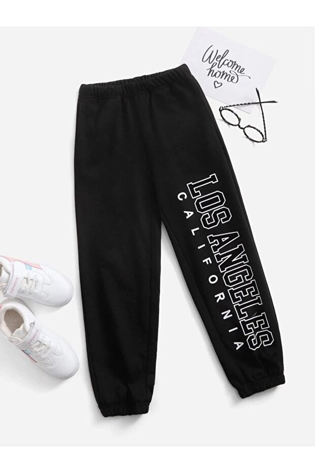Unisex Lettering Front Printed 2 Thread Combed Cotton Baggy Trousers
