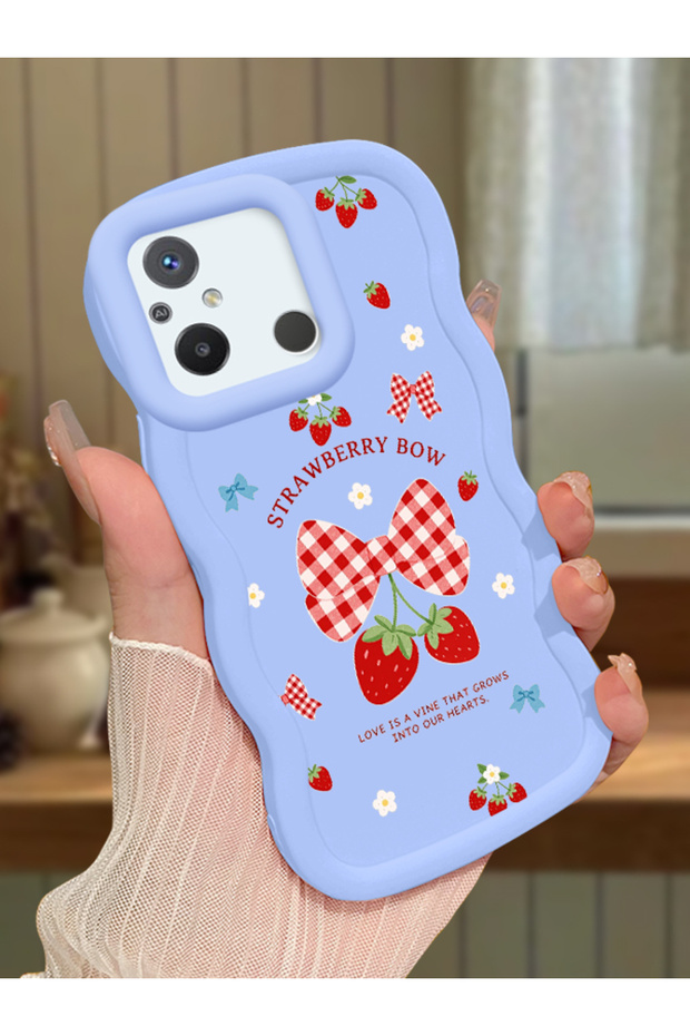 Poco C55 Compatible Case Camera Protector Blue Silicone Couple Phone Case Strawberry Pattern