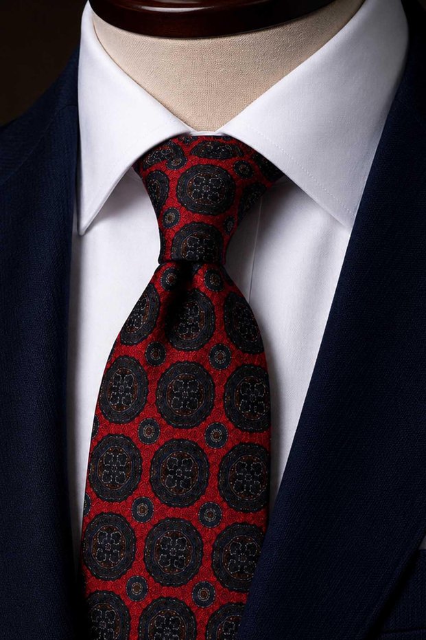 Red Motif Pattern Italian Silk Tie İk2498
