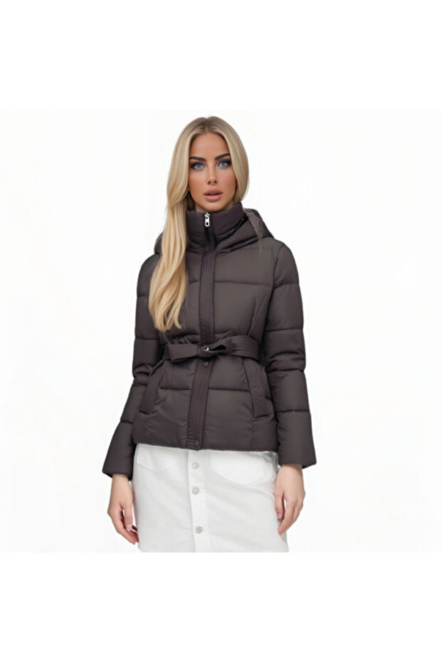 F13.Women's Puffer Hooded Zipper Coat, with Belt